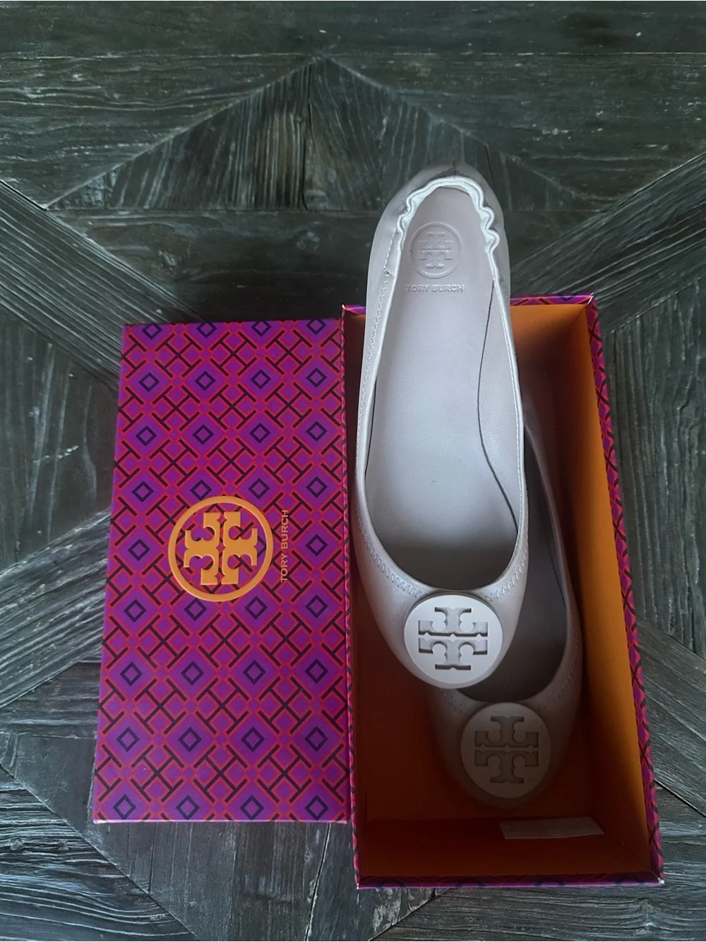Tory Burch Minnie Travel Blush Leather Logo Ballet Flats Size 8